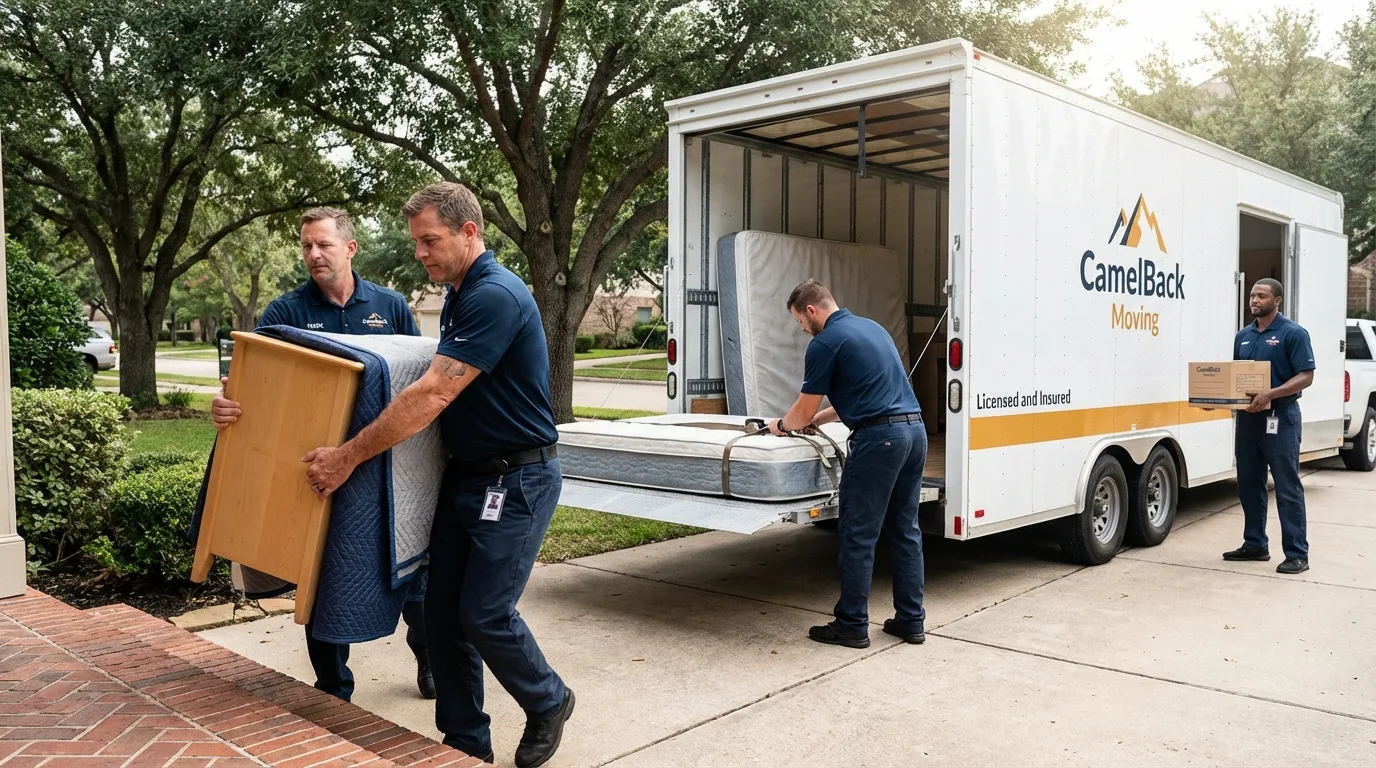 Crew loading residential truck for cross-state move from Bedford, IA