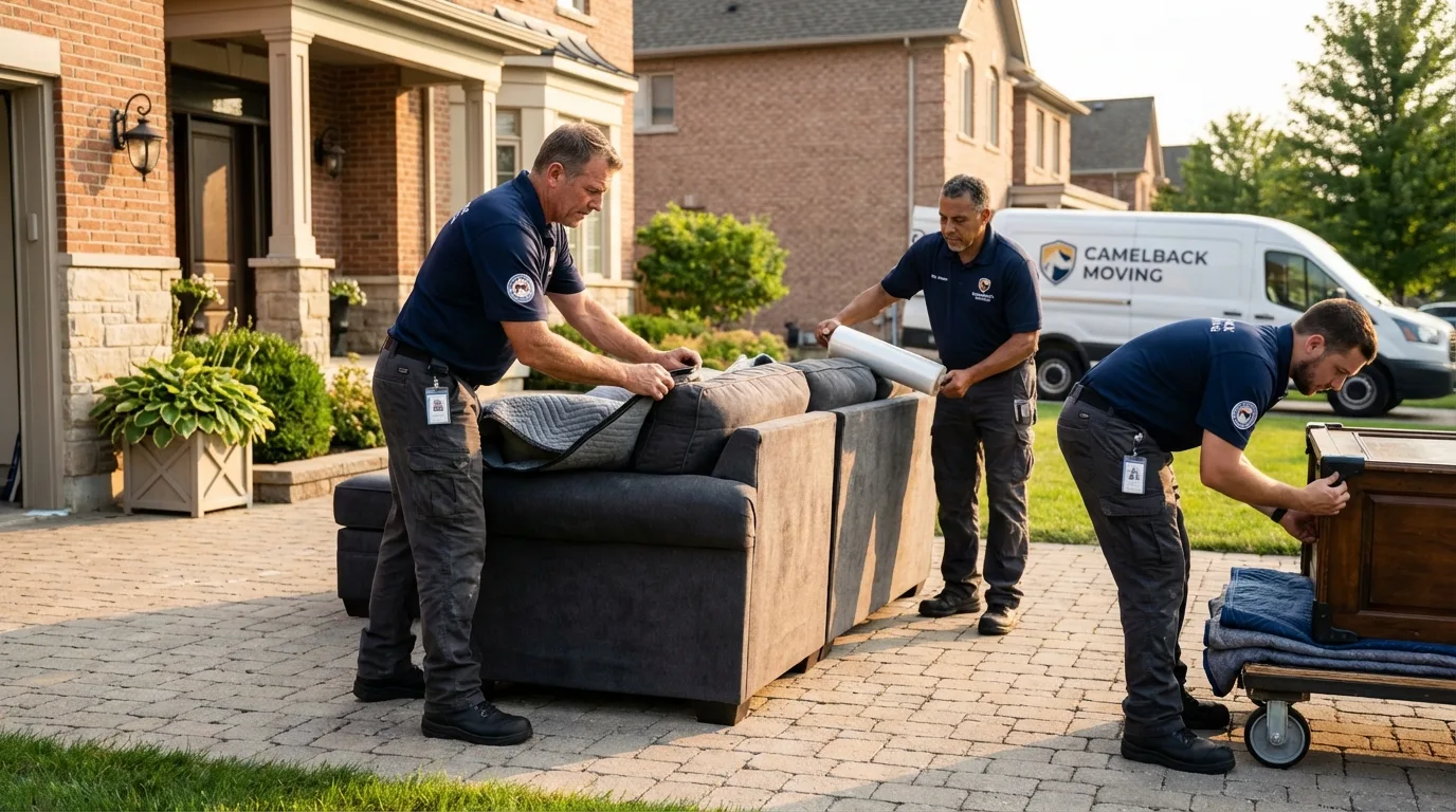 Large estate moving crew wrapping furniture in Bedford, IA