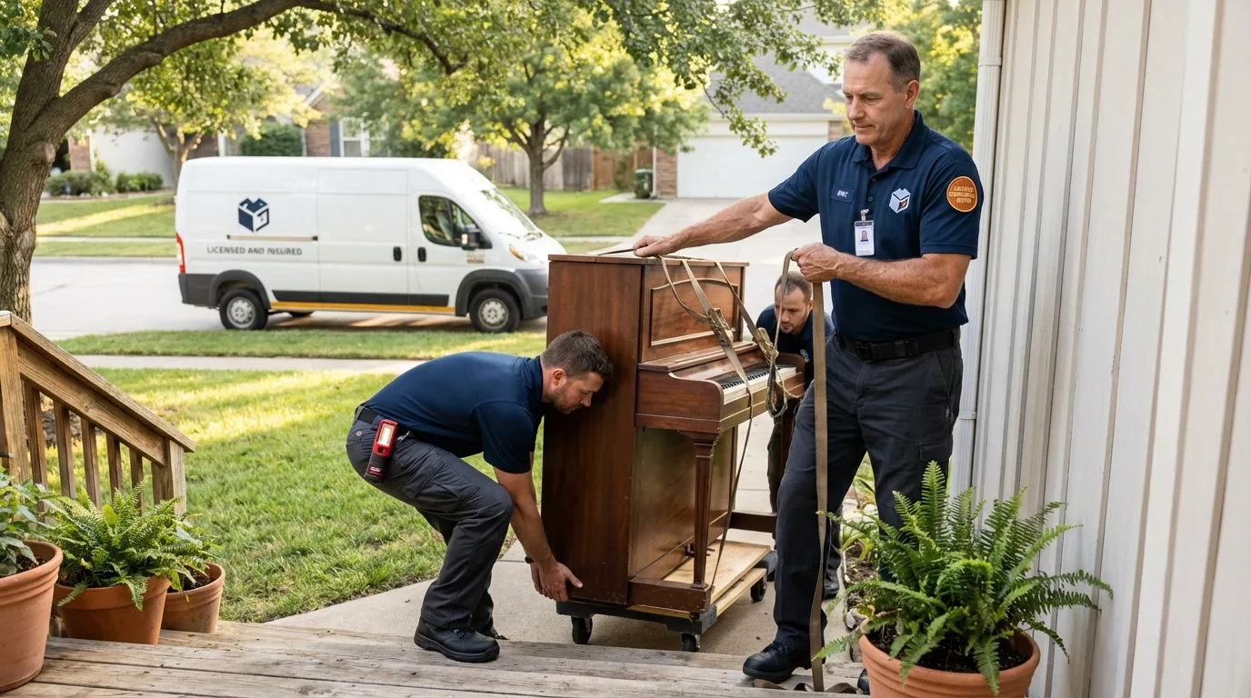 Licensed piano movers securing grand piano in Bedford, IA
