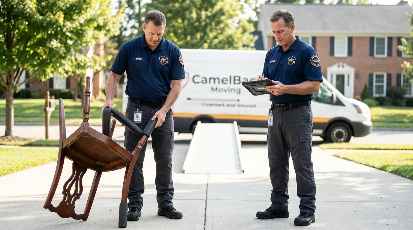 Movers inspecting furniture for damage prevention before loading in Bedford, IA
