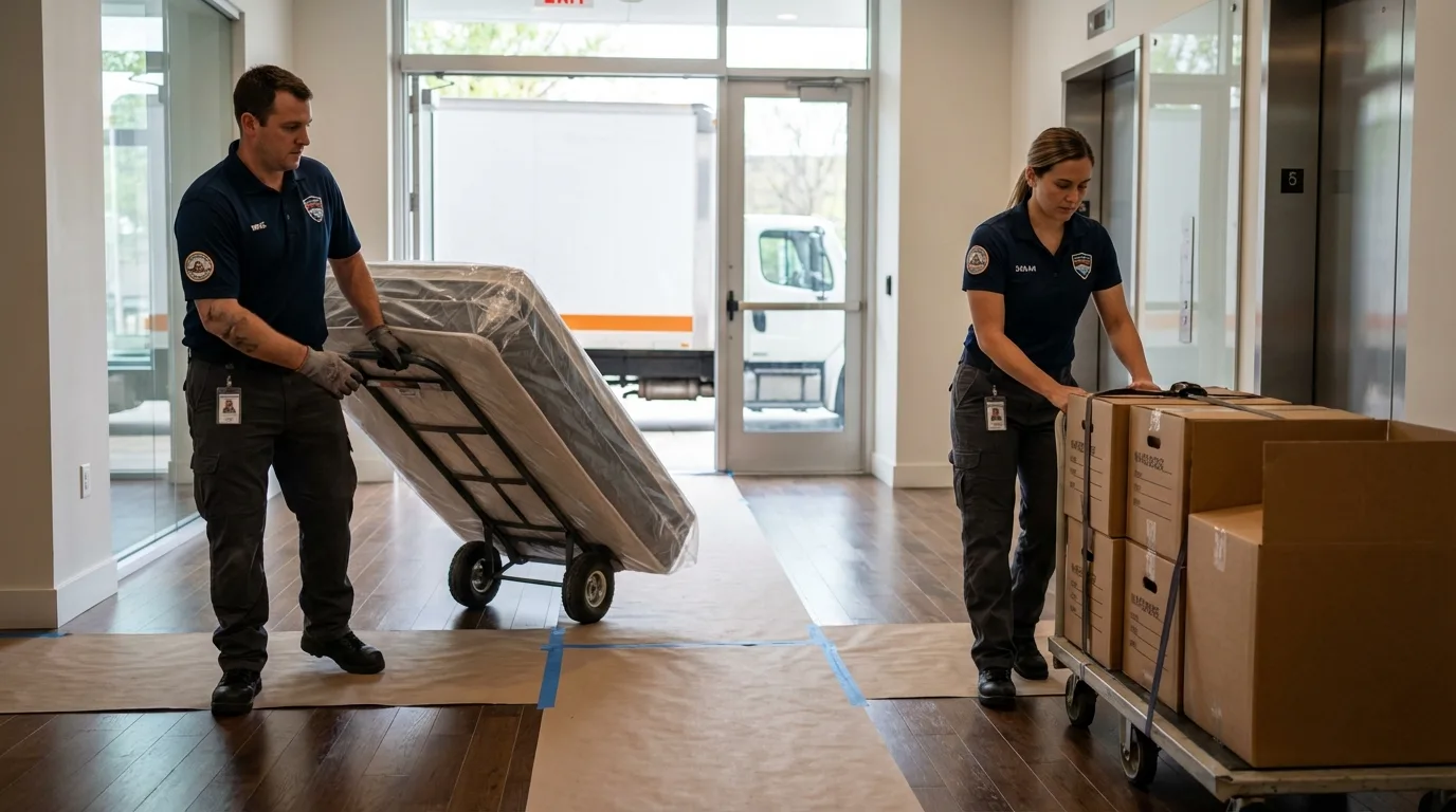 Professional apartment movers loading elevator in Bedford, IA