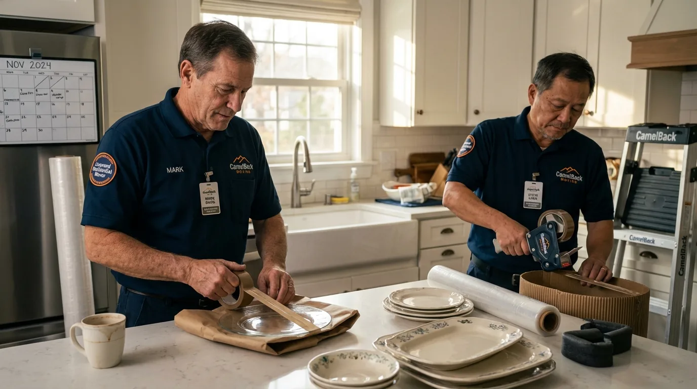 Professional crew packing kitchen dishware in Bedford, IA